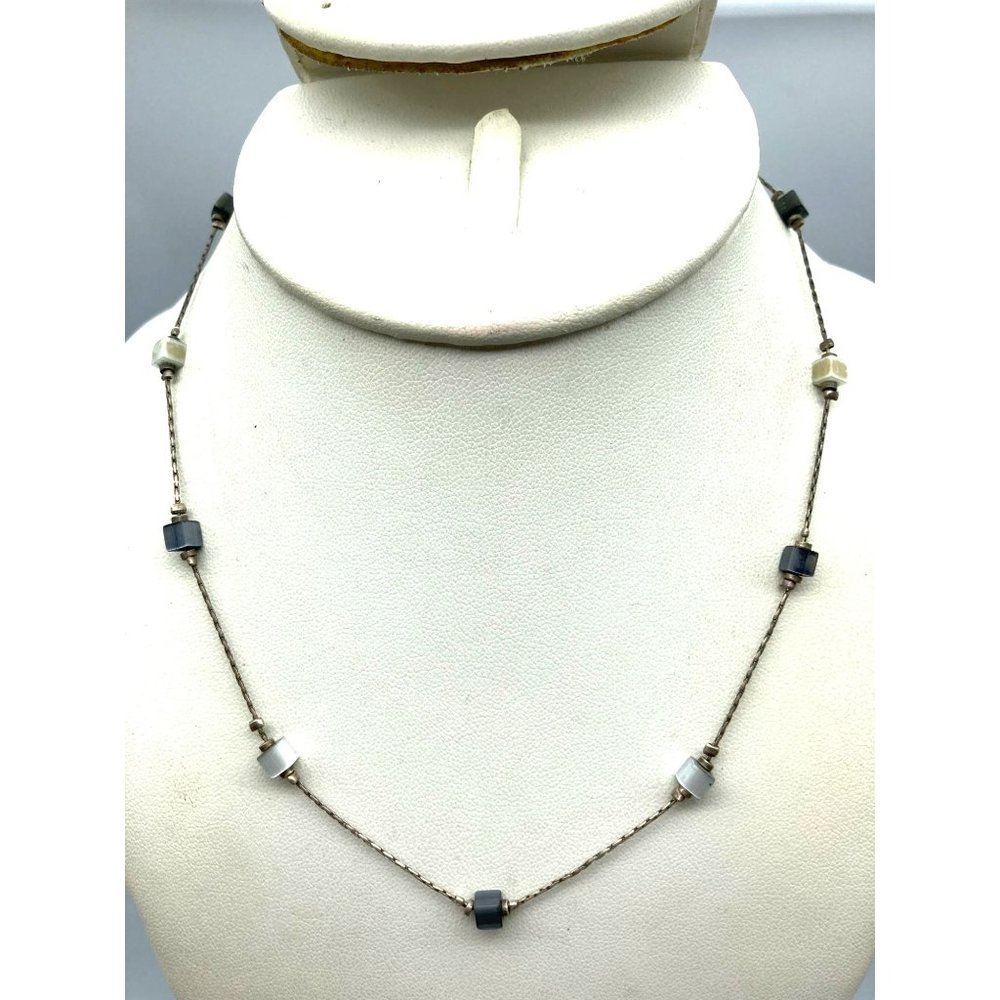 Silver Tone Chain Necklace with Black and White Tigers Eye Cubes, Unique Vintage